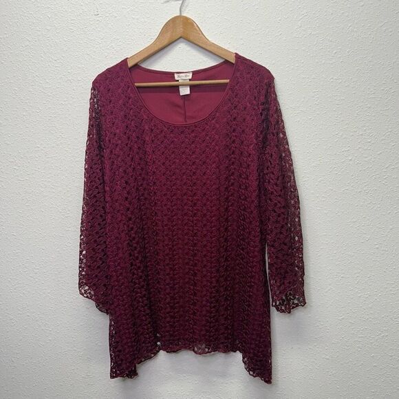 Brittany Black Red Lace Crochet Overlay Blouse Scoop Neck 3/4 Sleeve Size 3X Top - Picture 1 of 13